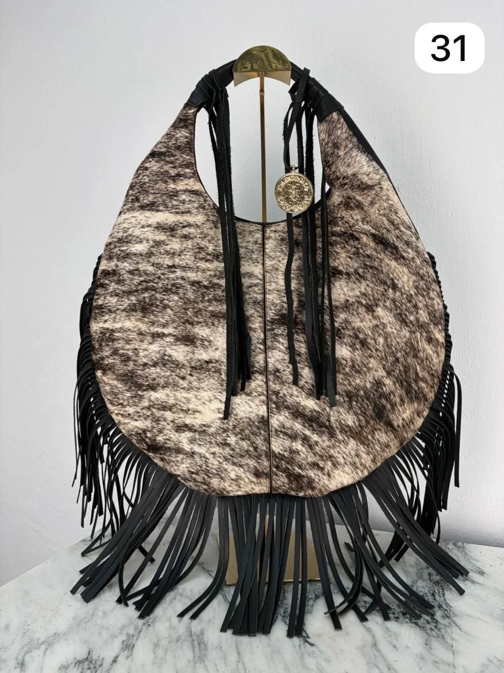 Fringed Cowhide Hobo Bag in Brown and Black